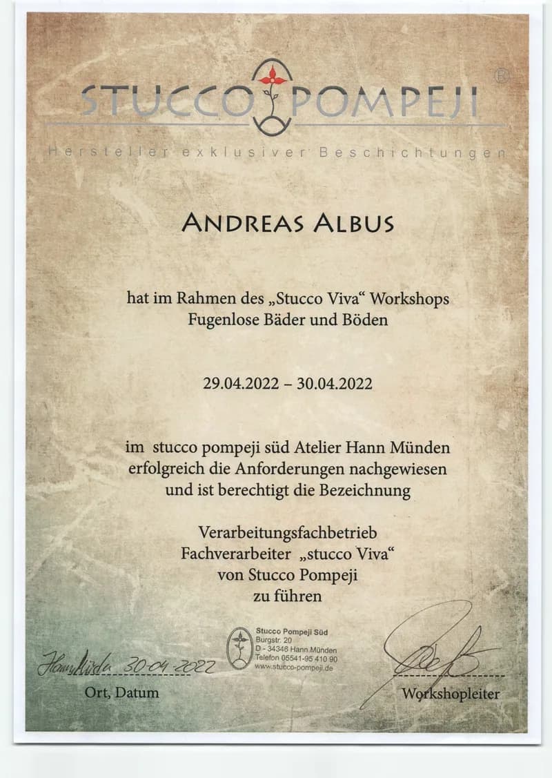 Stucco Pompeji Zertifikat A. Albus – Fugenlose Badgestaltung
