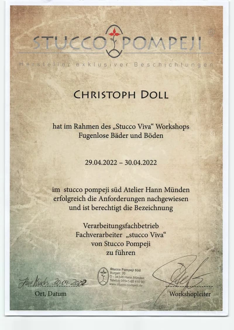 Stucco Pompeji Zertifikat Christoph Doll – Fugenlose Badgestaltung